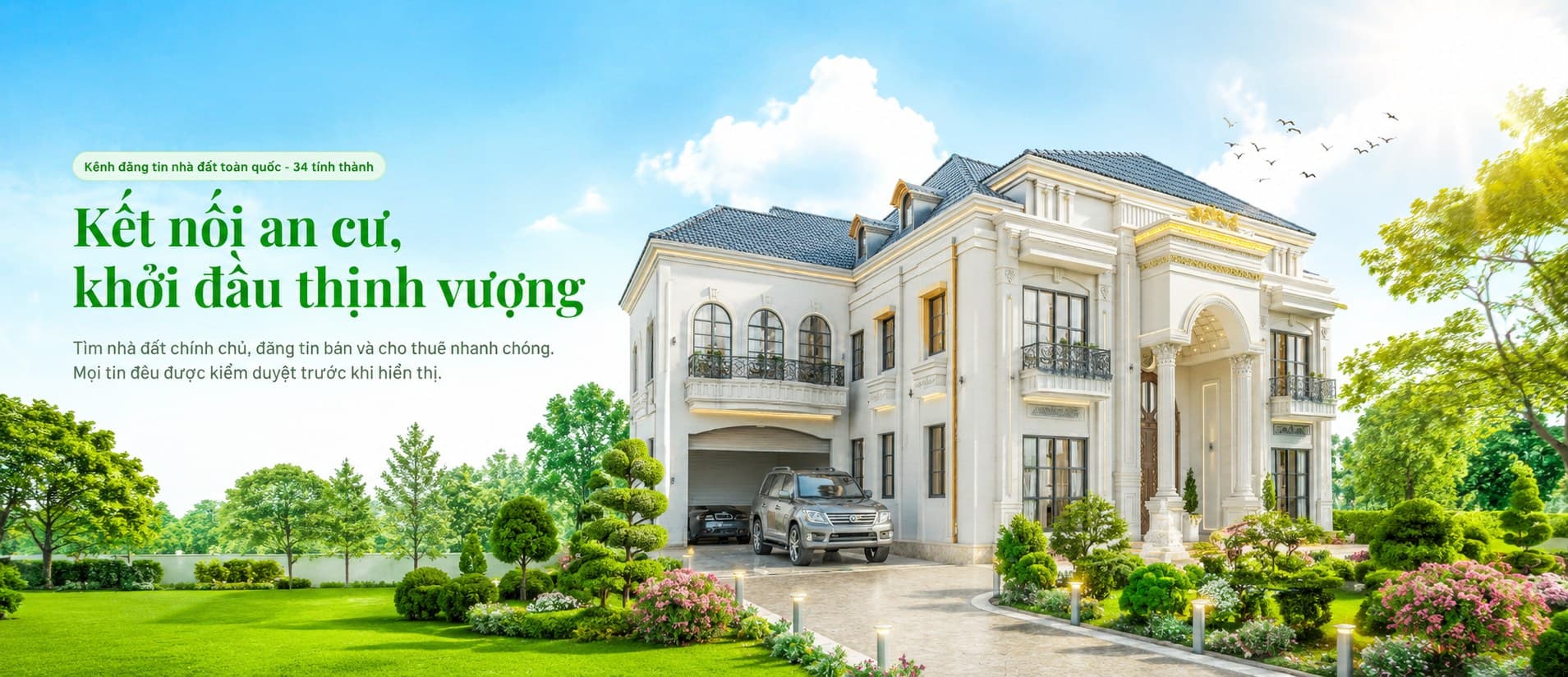 Biệt thự trắng tân cổ điển với đường lát đá, cây xanh, hoa và khẩu hiệu Kết nối an cư, khởi đầu thịnh vượng
